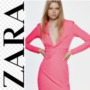 NWT $50R Zara Knotted Front Dress. Neon Pink Size Large